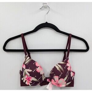 Victoria's Secret PINK Bra Women's 32A Plum Purple Floral T-shirt Lightly Lined